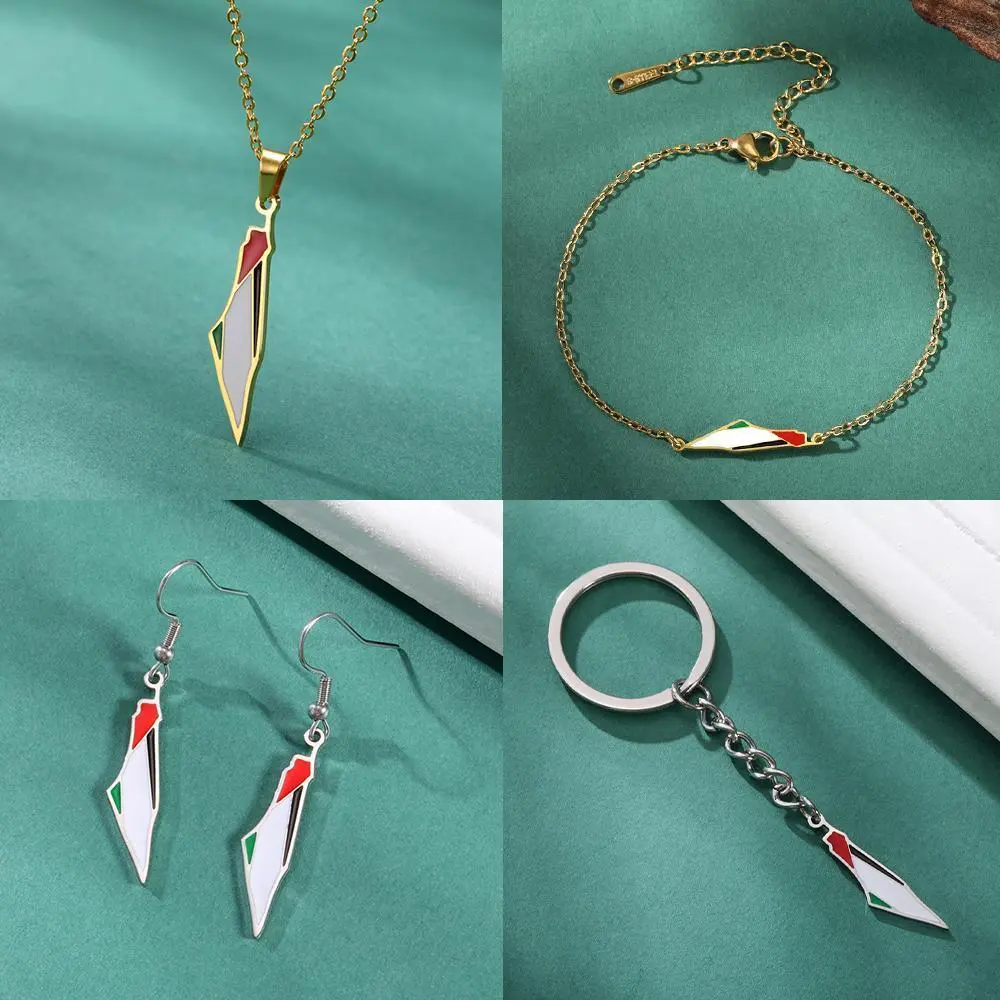 My Shape Palestine Flag Map Keychains Necklace Earrings Bracelet Country Map Keyring Stainless Steel Jewelry Set Wholesale Gifts