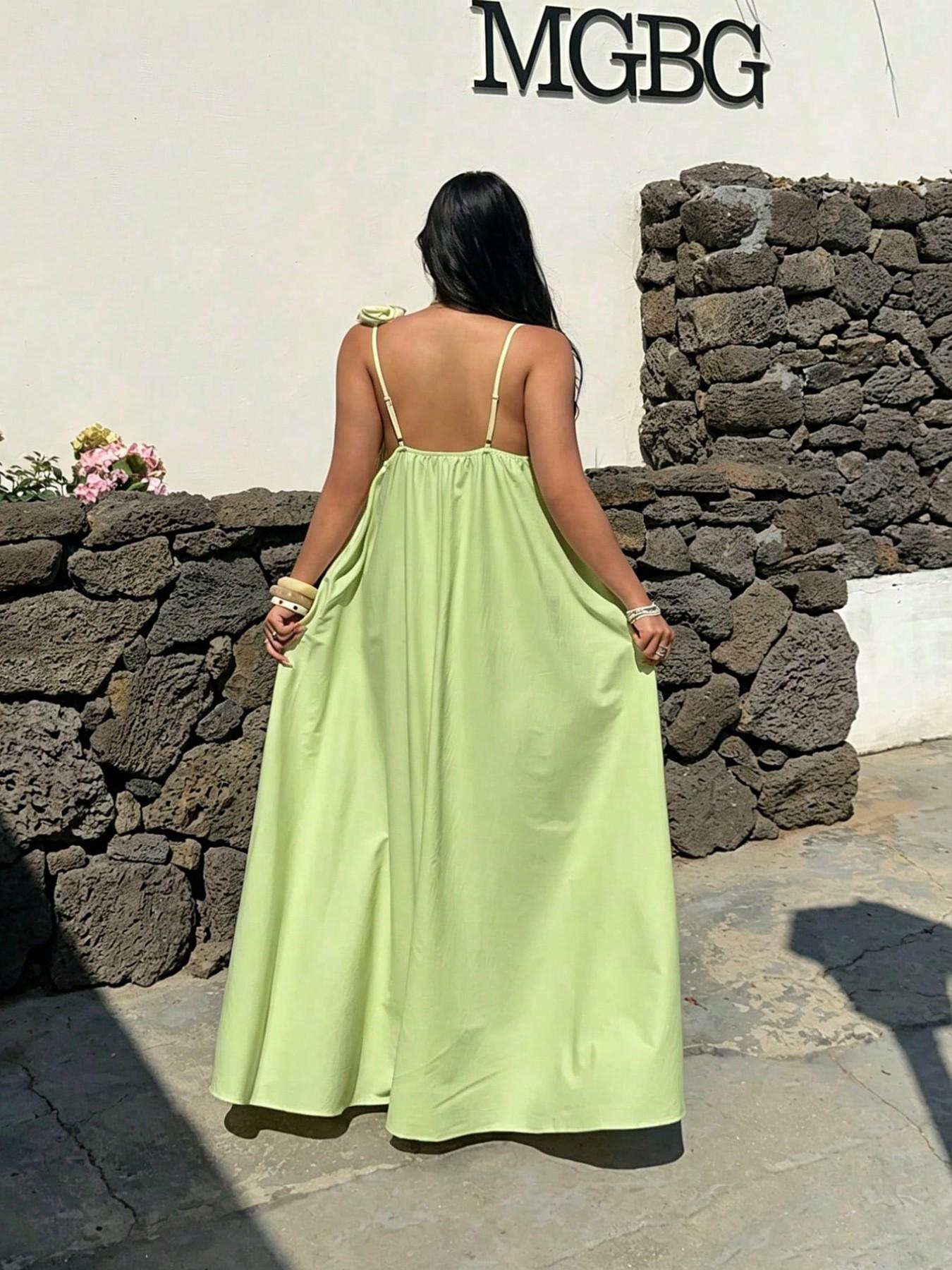 Pastel Light Green Floral 3D Rose Slip Maxi Dress, Flowy Lightweight Sleeveless Long Gown, Summer Boho Bohemian Vacation Outfit, Elegant Beach Garden Wedding Guest Dress