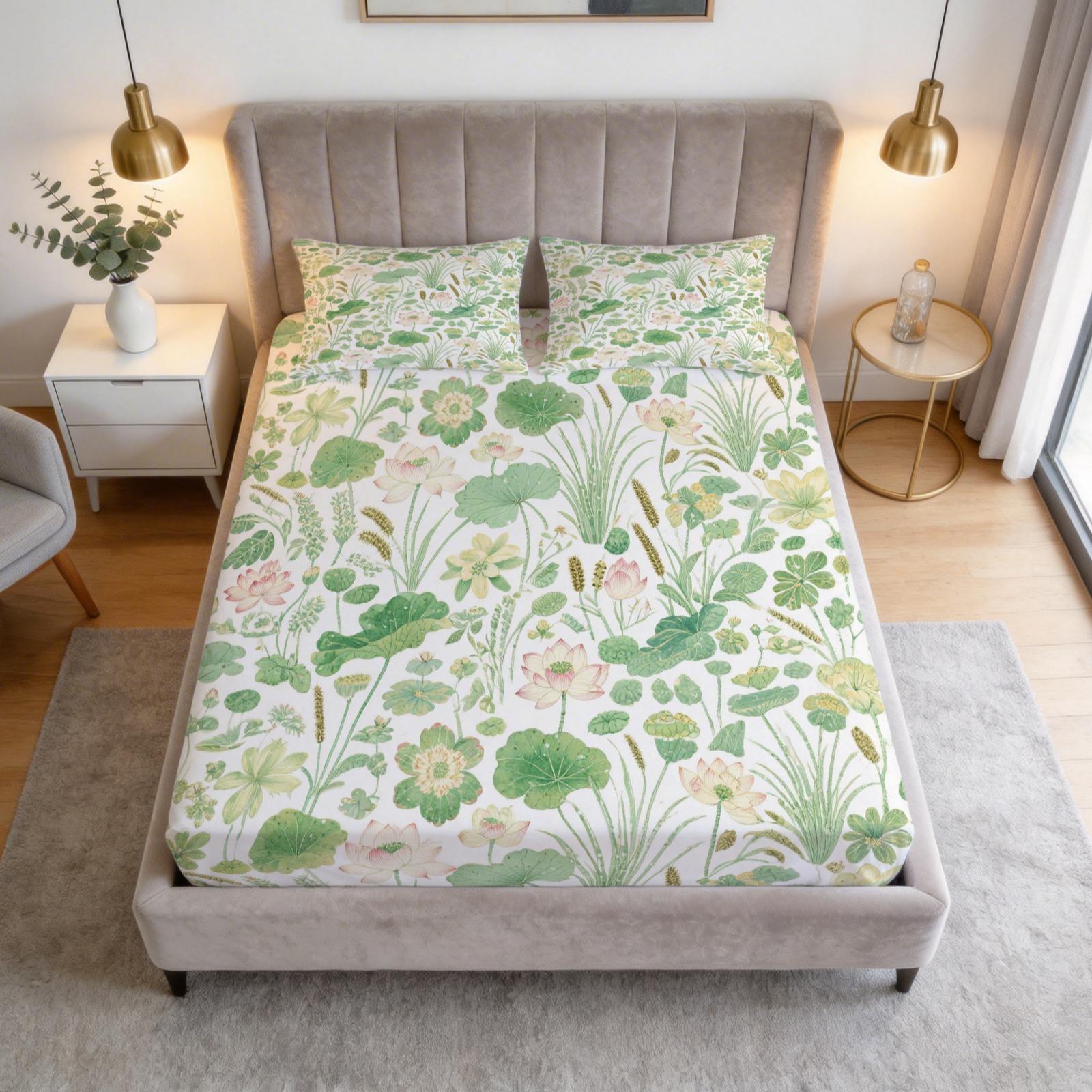 3 Piece Watercolor Lotus Pond Fitted Sheet Set, HD Digital Printed Deep Pocket Bed Sheet, Soft Breathable Bedding Set with Pillowcases (No Insert) for Bedroom Home Decor