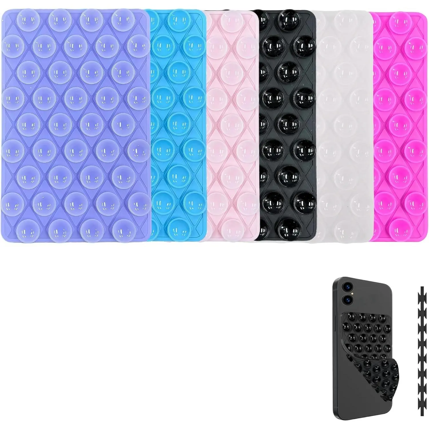 6 Pack Silicone Double-Sided Suction Cup Phone Mount, Detachable Hands-Free Strong Grip Holder Stand for Selfies and Videos (Rose, Black, Pink, Purple, Blue, Transparent)Gift