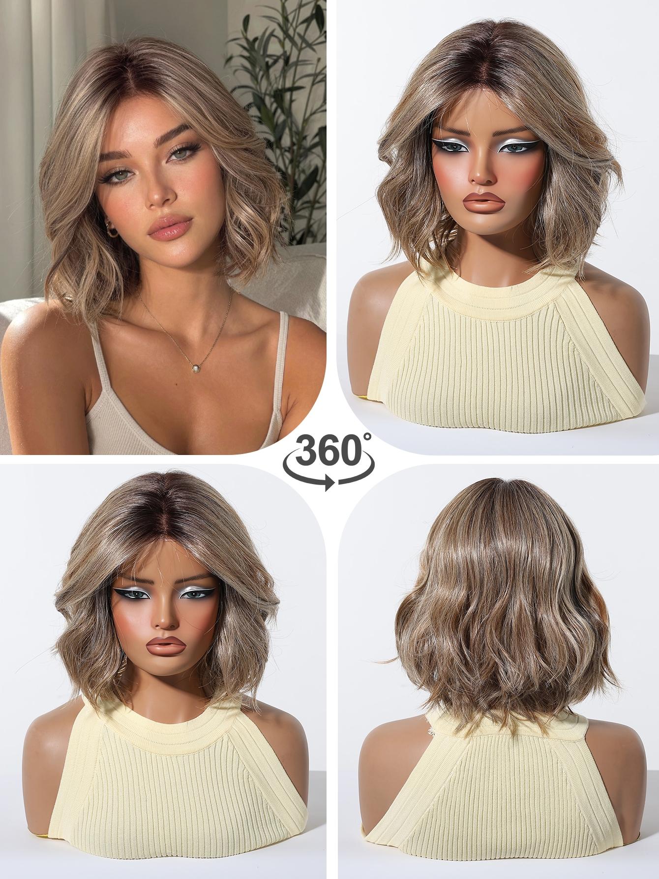 Topshe Hand Tied Mono Base Short Bob Wig, Dark Root Ash Brown Highlight Flip Out Loose Wave Bob, Breathable Mono Top Realistic Scalp, Glueless Wear & Go No Bleach, Tangle Free Heat Resistant Synthetic Hair, Synthetic Material Wigs
