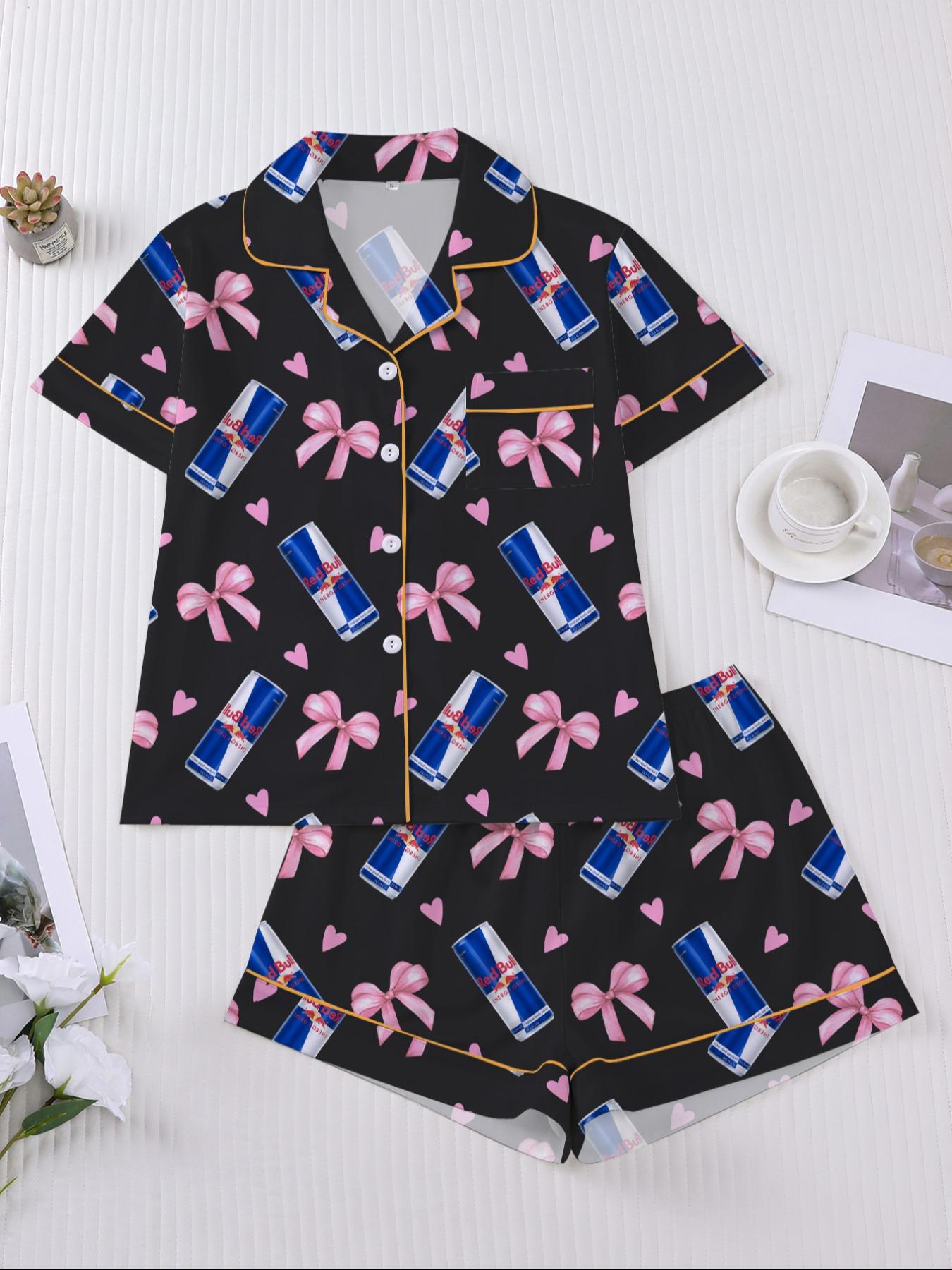 Women's Heart & Bow Print Sleepwear Set, Short Sleeve Button-Up Top & Elastic-Waist Shorts, Casual Loungewear for Home and Pajama Parties