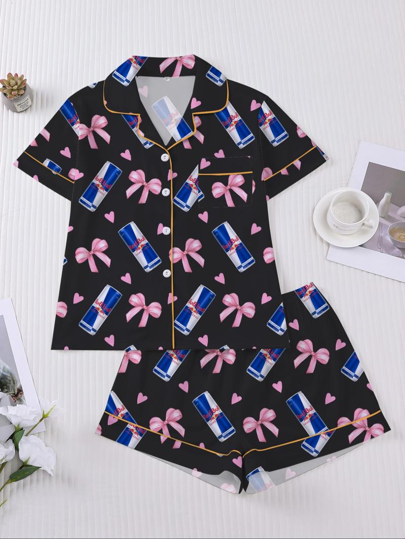 Women's Heart & Bow Print Sleepwear Set, Short Sleeve Button-Up Top & Elastic-Waist Shorts, Casual Loungewear for Home and Pajama Parties