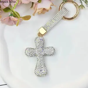 Sparkly Rhinestone Cross Keychain Bling Crystal Bag Charm with Strap Versatile Key & Purse Accessory Multiple Colors Pretty Mother's Day Gift