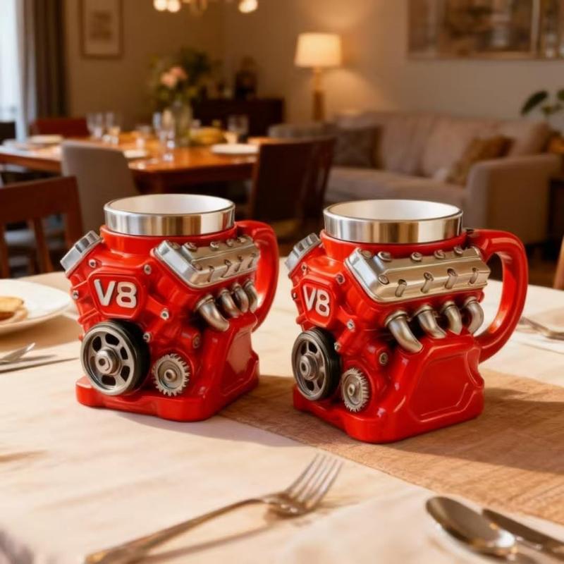 V8 Engine Stainless Steel Coffee Cup, 3D Mechanical Design Dual Layer Insulated Mug with Handle, Vintage Car Gift for Car Enthusiasts