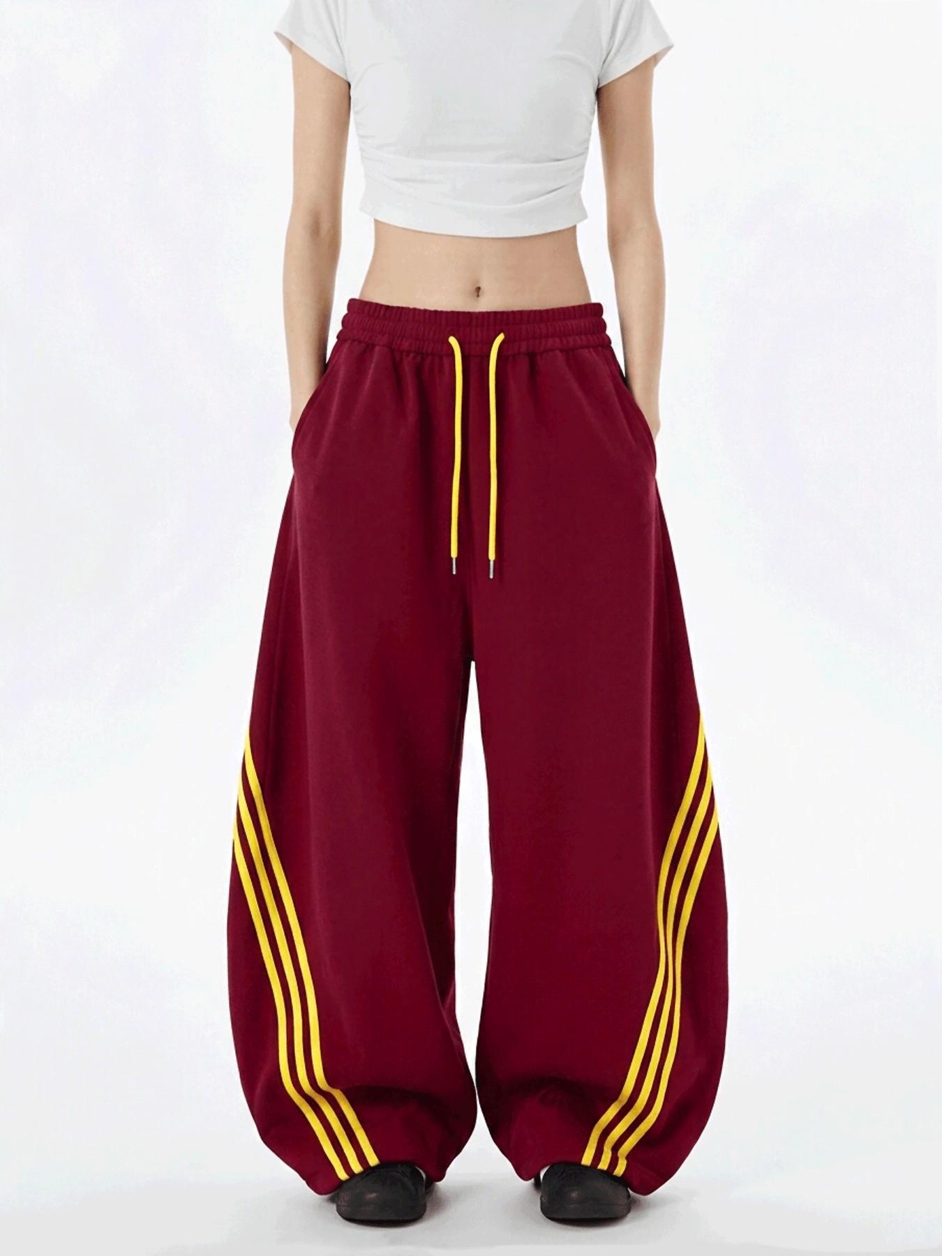 Summer Retro Three Stripes Colorblock Wide Leg Pants, Women's Outdoor Sportswear, Fashion Waist Tie, Casual Long Pants, Gift for Her