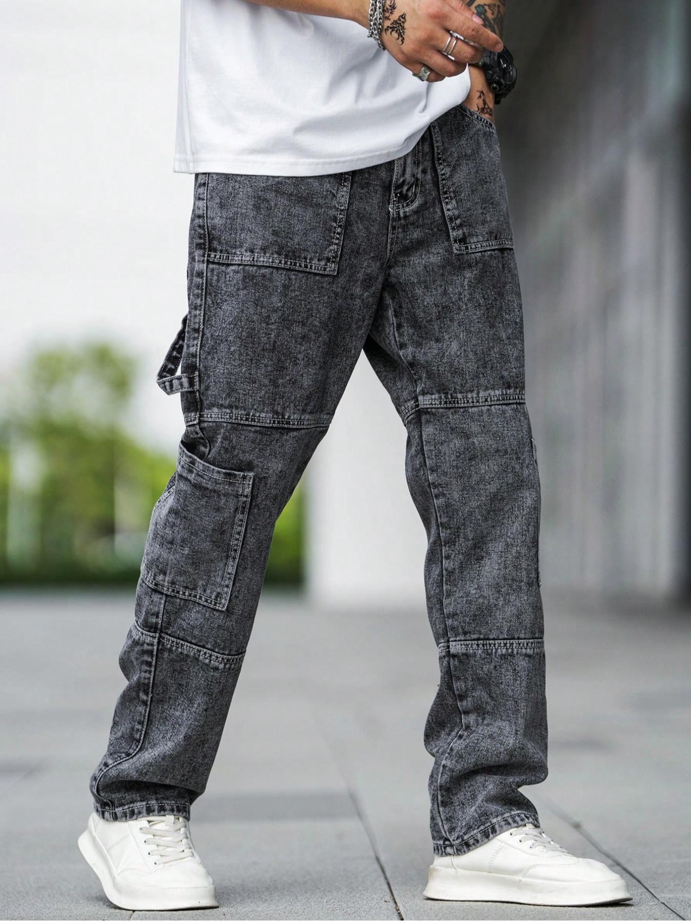 Men's Casual Loose Fit Multi-Pocket Workwear Straight Leg Denim Jeans, Deep Patchwork Street Style Long Pants, All Season Wear
