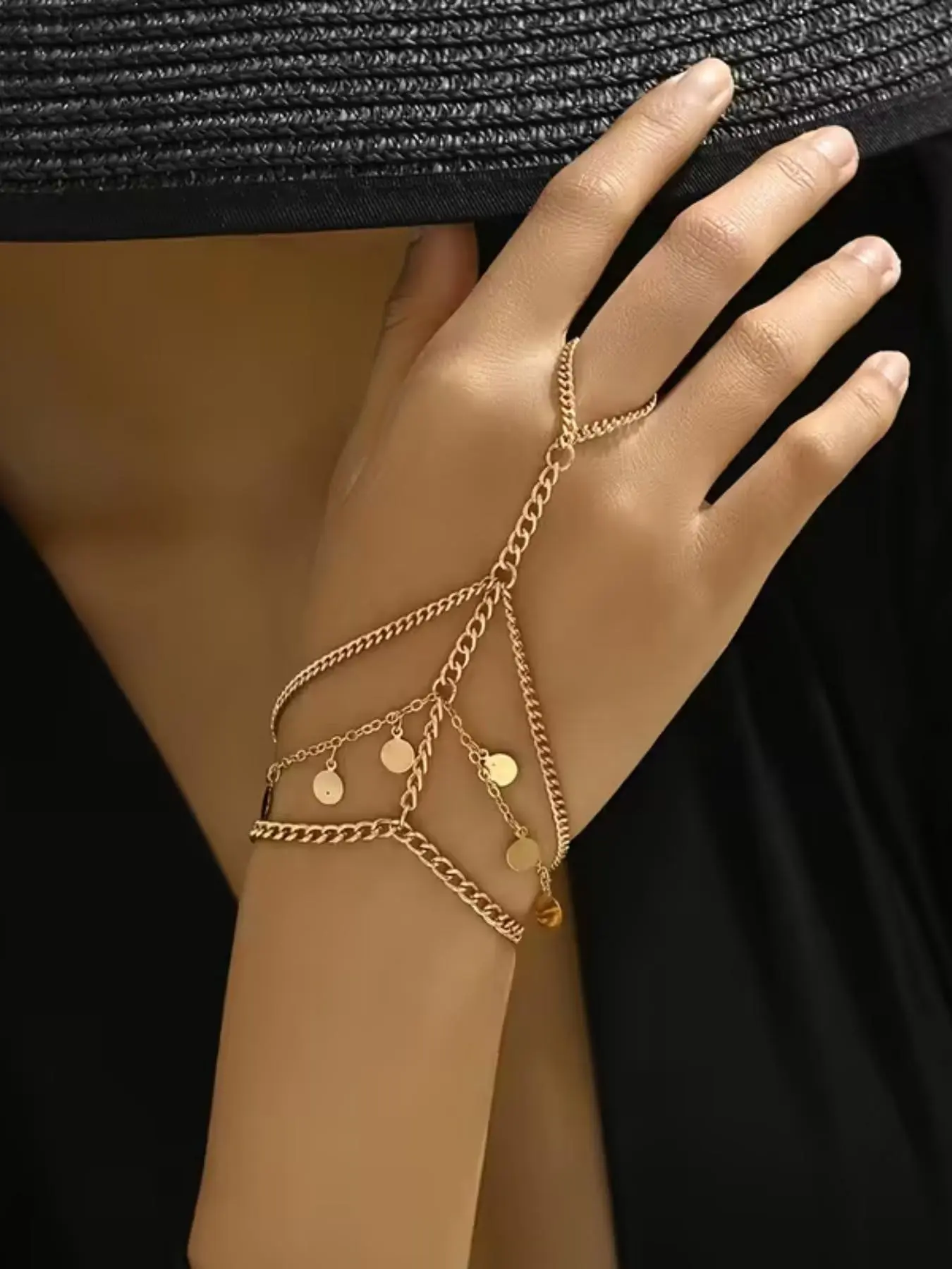 Hand Chain For Women, Layered Finger Ring Bracelet With Adjustable Metal Disc Charms, Gold Tone Hand Harness Jewelry For Casual Date Party Vacation, 1 Piece, Adjustable Fit Bangle