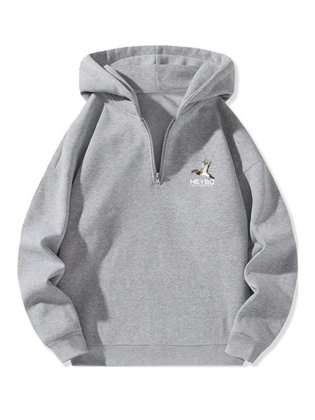 Fleece Lined Hooded Long Sleeve Half Zip Men's Sweatshirt, Casual Winter Wear, Thick Fabric with Border Print for Comfort