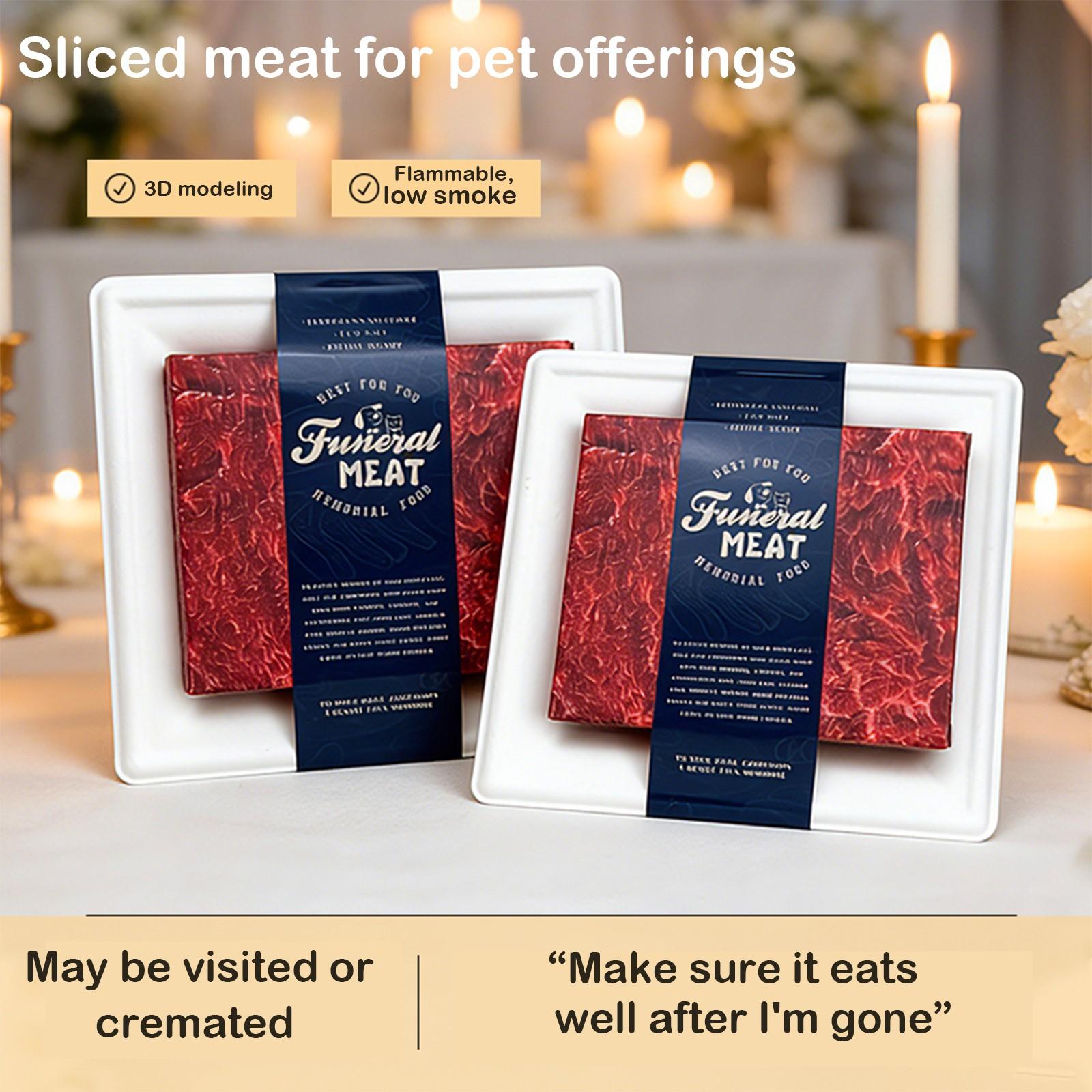 Realistic paper food offerings for pet memorial cremations, featuring beef and salmon; a combustible imitation sushi set suitable for pet funerals and as keepsakes for dogs, cats, small pets, rabbits, and hamsters
