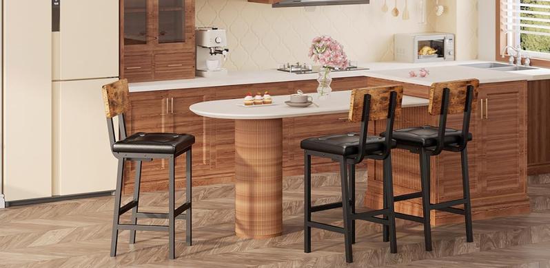 IRONCK Ergonomic Bar Stools Set of 2, 16.5" Square PU  Upholstered Stools with Back & Footrest, Thick Cushion for Kitchen  Island, Dining & Bar