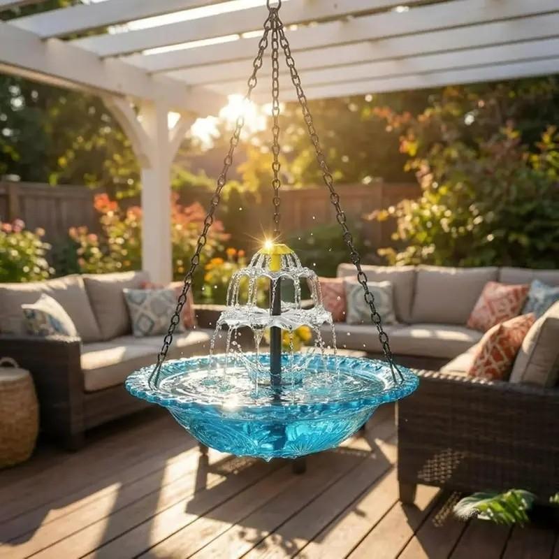 2026 Solar Cascade Hanging Bird Bath Fountain, a three-tier outdoor water feature for hummingbirds, easy to clean, Easy installation, with a 9.3-inch glass basin, equipped with a solar pump, attracting wild birds to the garden and terrace