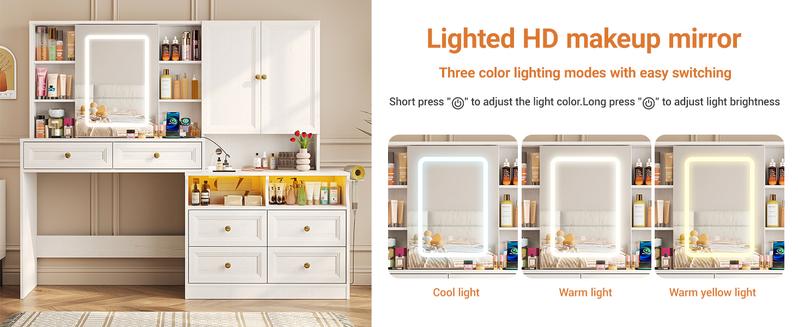 Vabches 58.6" Large Vanity Desk with Sliding Mirror & Lights, Black Makeup Vanity Table & Nightstand Combo with Power Outlet and 6 Drawers 15 Shelves with Light Strips for Bedroom Dressing Room