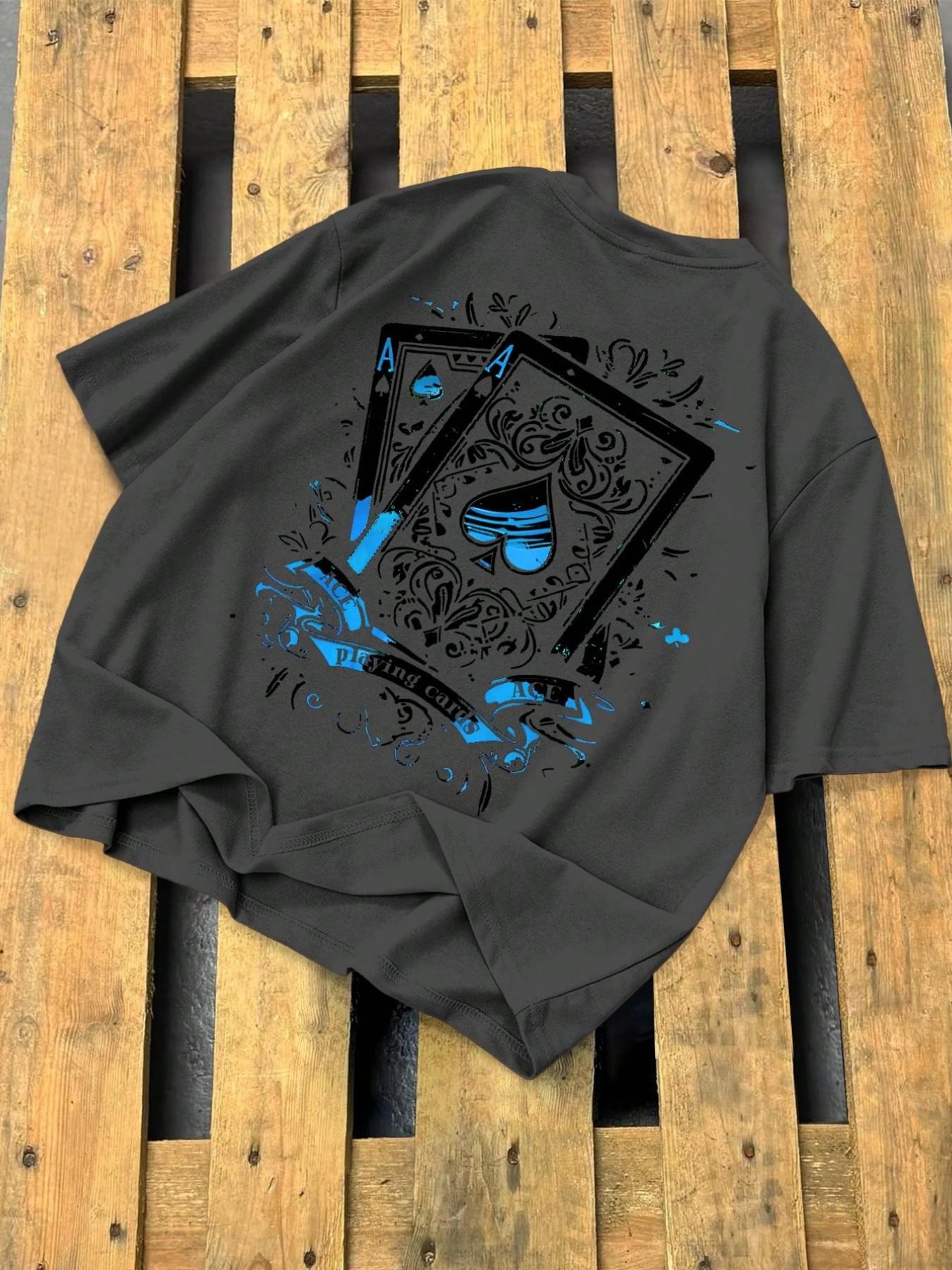 Oversized Spade Pattern T-shirt for Men, 2026 Summer Street Style Poker Printed T-shirt, Retro Y2K Harajuku Casual Cotton Top, Hip Hop Street Style Short Sleeve, Casual Daily Wear