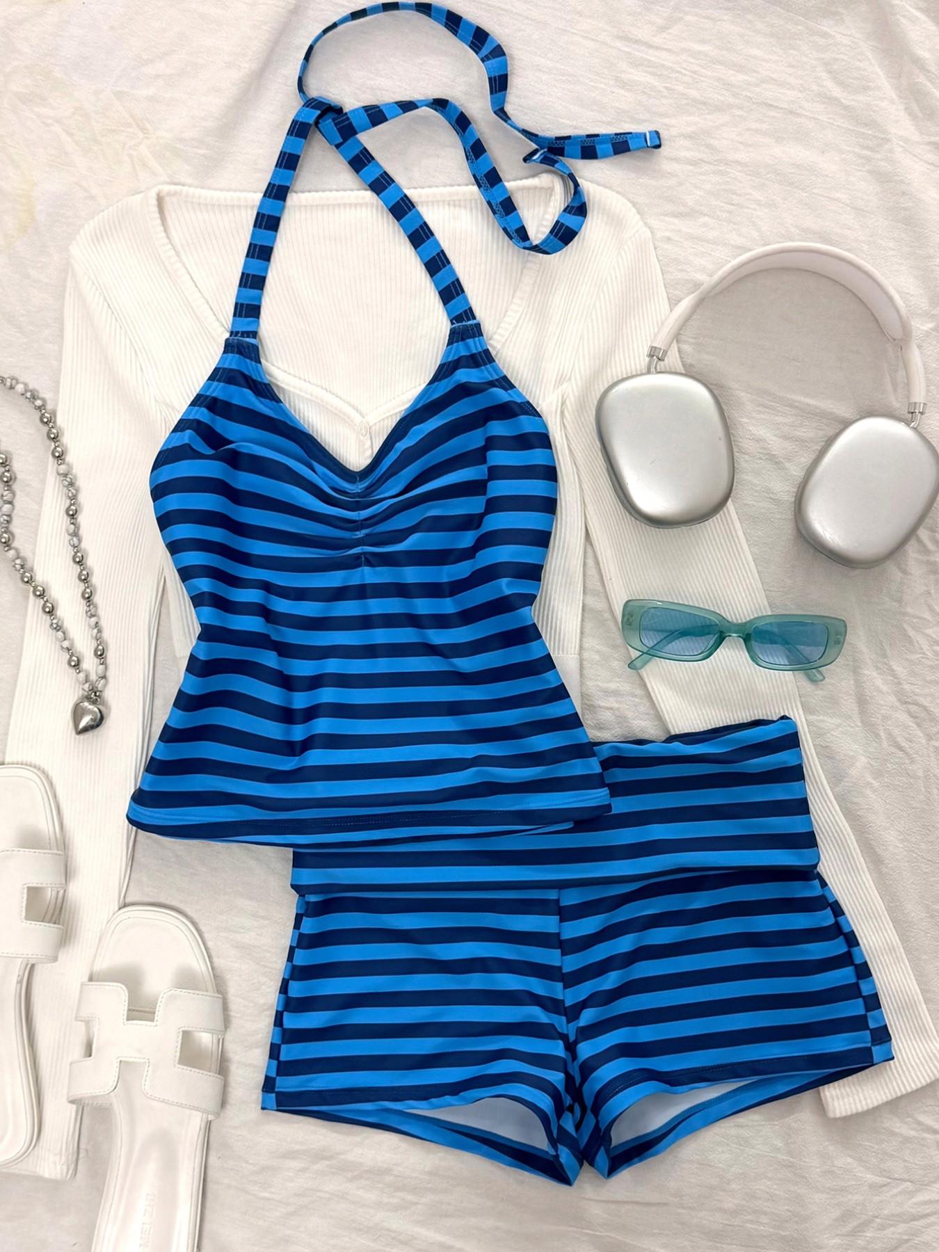 Women's Swimsuit tankini,elegant and Sexy stripe Print crop top halter  swimsuit boyshort short pants for Vacation ,Beach Outfits,pool and sporty outfit, For Autumn And Winter  SS26 spring and summer Sporty Appeal Striking Stripes Striped swimsuits