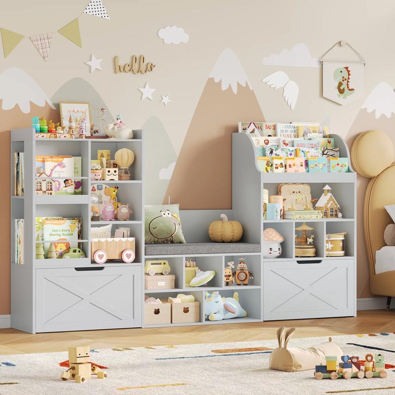 FOTOSOK Kids Bookshelf with Reading Nook, 75" W Kids Toy Storage Organizer with 2 Large Movable Drawers, Kid Bench for Playroom Kids Room Living Room