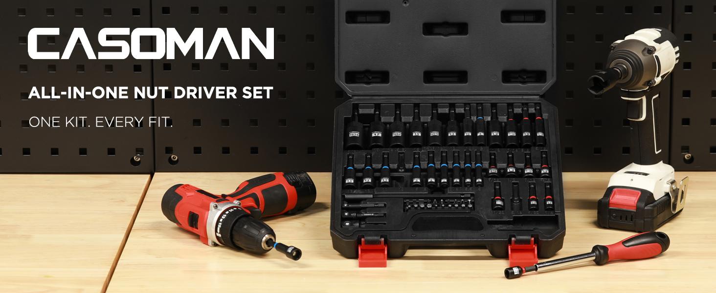 CASOMAN 55-Piece Magnetic Nut Driver Set for Impact Drill Deep & Shallow Metric & SAE Includes Screwdriver Bits Bit Extension Bar Socket Adapters & Wing Nut Driver Tool Box #TikTokShopBlackFriday