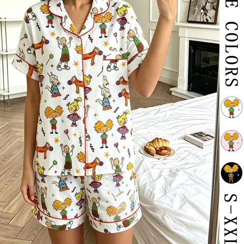Vintage Cartoon Prints Pajama Set, Soft Short-Sleeve Sleepwear, Contrast Trim, Casual Slim Fit for All Seasons