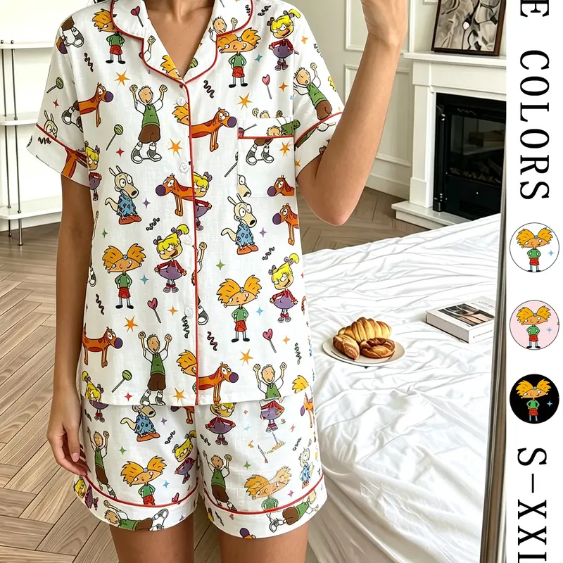 Vintage Cartoon Prints Pajama Set, Soft Short-Sleeve Sleepwear, Contrast Trim, Casual Slim Fit for All Seasons
