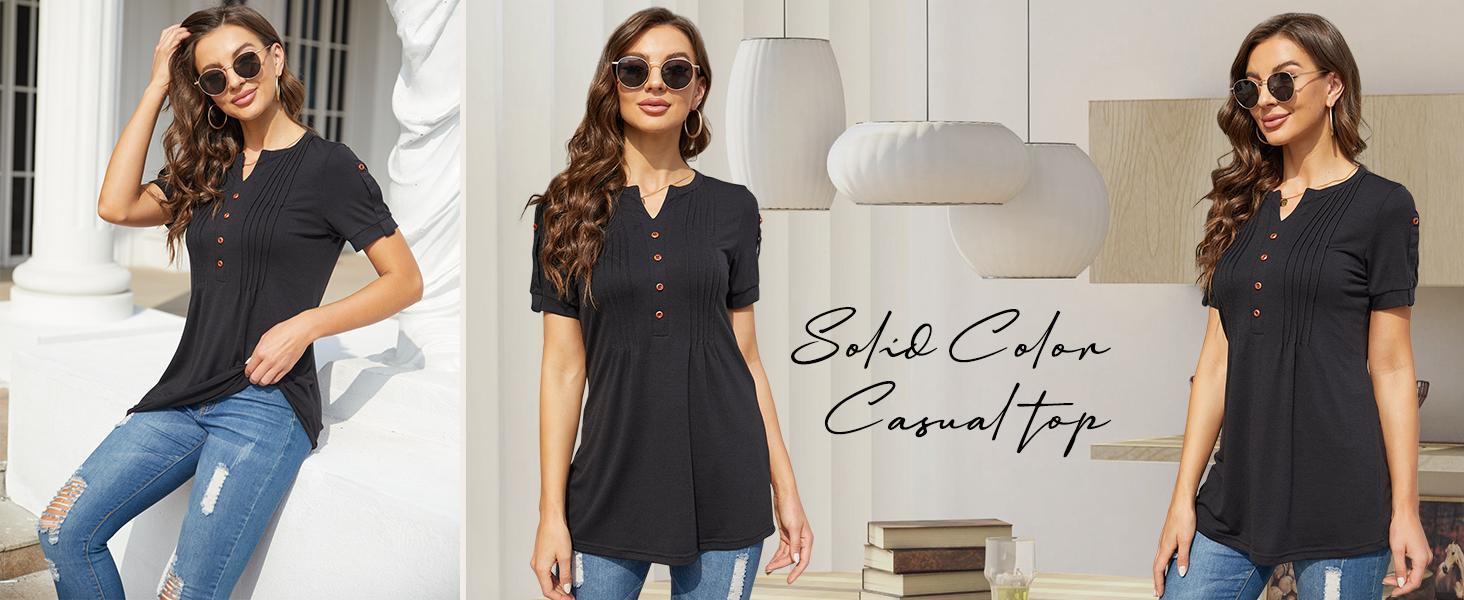 Imily Bela Women’s V Neck T Shirt – Casual Pleated Button Top, Loose Fit Short Sleeve Summer Tee, Trendy Everyday Blouse for Daily Wear