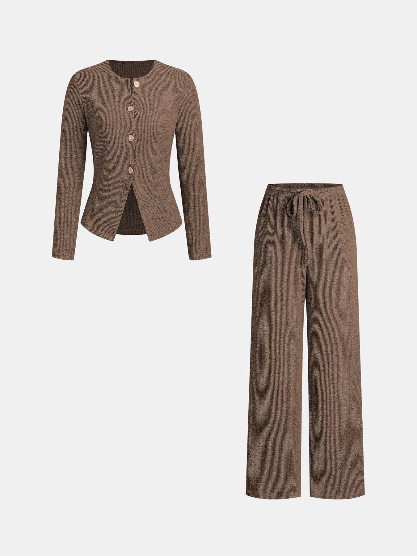 Women's Autumn Winter Set, Knitted Long Sleeve Boat Neck Top with Buttons & Ribbed Long Pants, Casual Loose Fit for Ladies