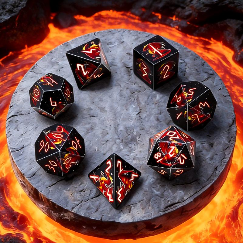 7-Piece Flame Dragon D&d Dice Set, Polyhedral D4 D6 D8 D10 D12 D20 Dice with Velvet Bag, Ideal for Rpgs, Perfect Gift for Birthdays and Holidays