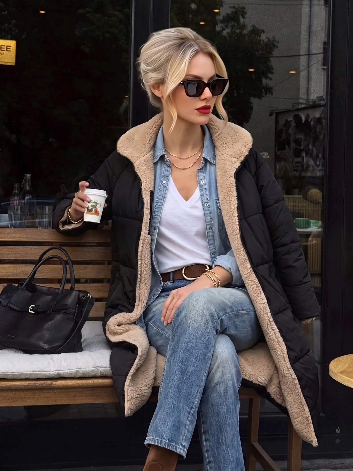 Women's Sherpa Lined Collar Long Puffer Coat, Old Money Style Warm Winter Jacket, Casual Streetwear Outerwear, Loose-Fitting, Long Sleeve, Tops