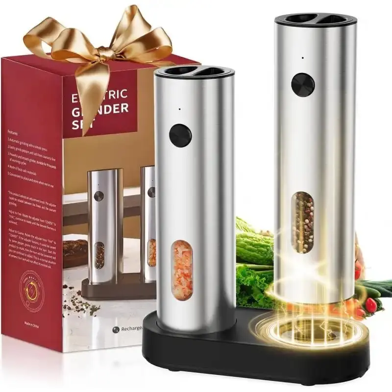 Electric Salt and Pepper Grinder Set (Set Includes 2) - Stainless Steel Ceramic Spice Seasoning Shakers with Rechargeable Base, LED Light, Adjustable Coarseness - Kitchen Essential for Daily Use, New Home Gift