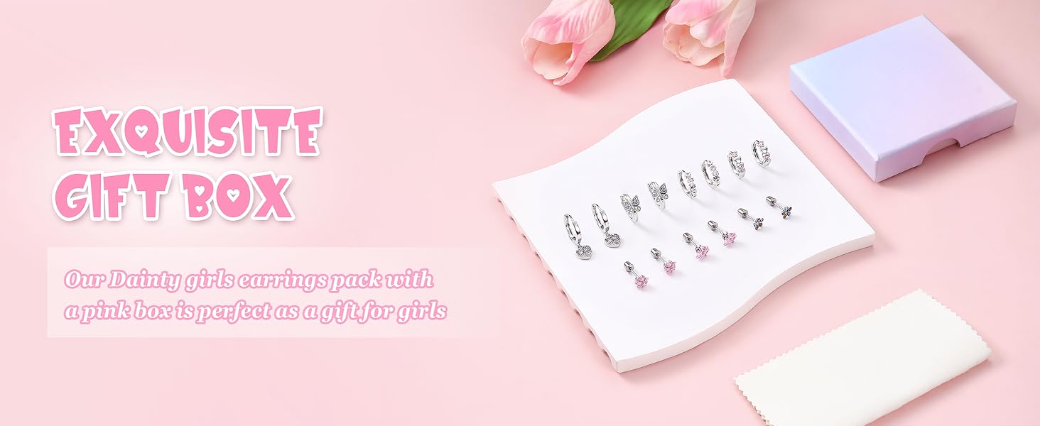 7 Pairs Hypoallergenic Silver Huggie Hoop Earrings for Girls Women Small Surgical Steel Earrings Cute Heart Dangle Earrings Set Pink Colorful CZ Star Flower Screw Back Stud Earrings for Kids