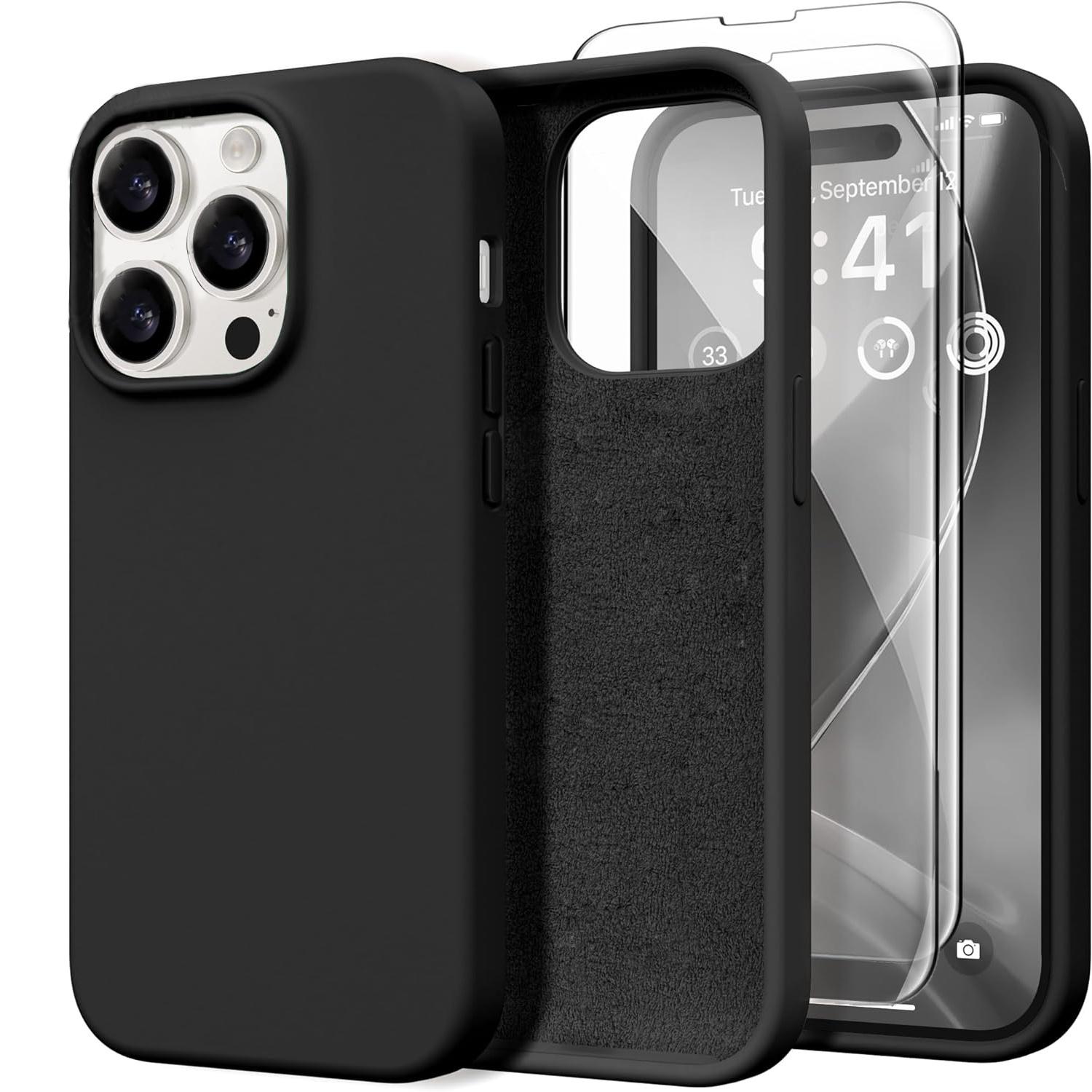 3 in 1 Compatible with iPhone 16e 16 Pro Max Case Liquid Silicone Cases with 2 Screen Protectors, Full Body Protection, Soft Microfiber Lining, Slim Shockproof Protective Phone Case for iPhone 17/16/15/14/13/12/11 Pro