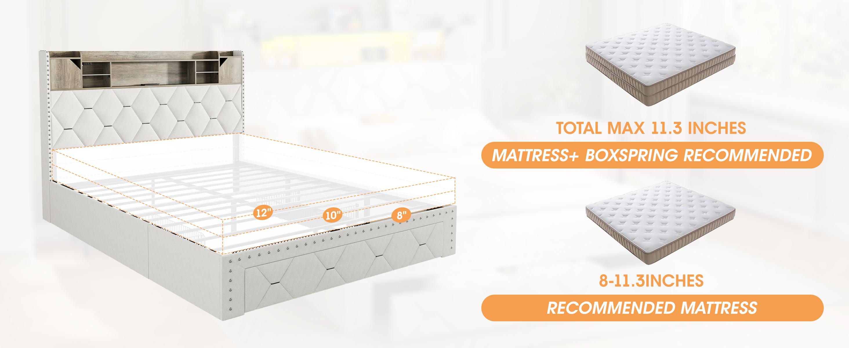 Vabches Queen Bed Frame with Storage Headboard and 3 Drawers, Upholstered Platform Bed Frame with LED Lights and Charging Station, 3-Tier Shelves, Rivet Trim, No Box Spring Needed, Noise Free