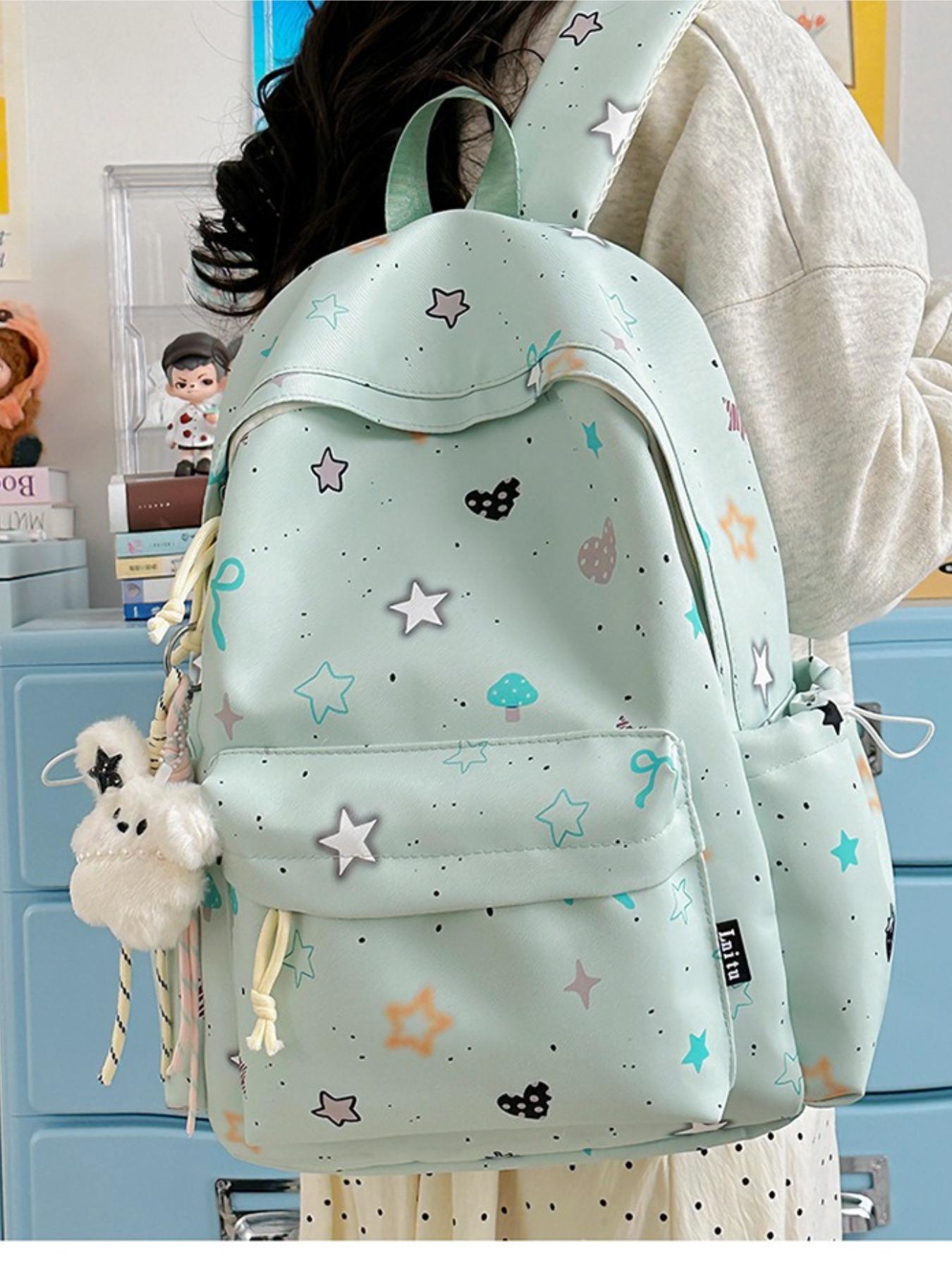 Cute Star Heart Print Backpack for Women, Fresh Casual Large Capacity Student Bag, Lightweight Nylon Travel Backpack