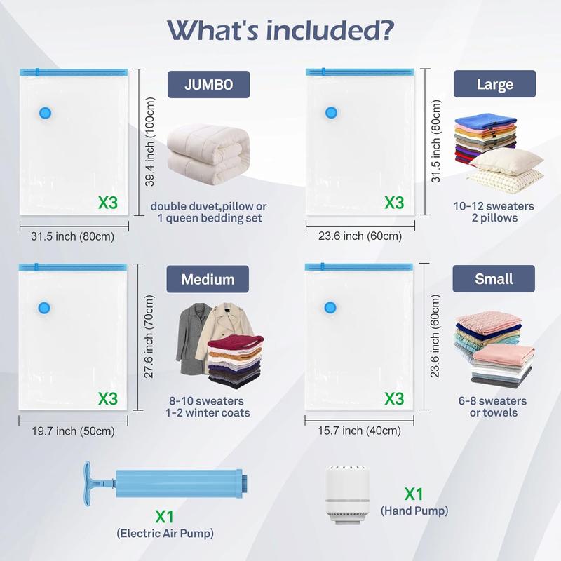 Vacuum Storage Bags-AKLL7S, 12 Combo Space Saver Bags (3 Jumbo, 3 Large, 3 Medium, 3 Small) with Electric Air Pump and Hand Pump, Vacuum Seal Bags for Clothing, Comforters, Blankets, Travel