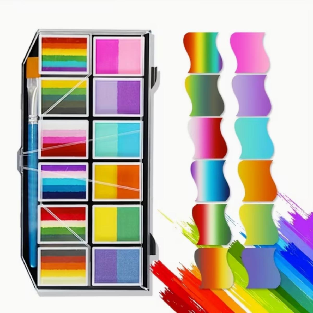 Face & Body Paint Palette Set with 1 Brush, Rainbow Gradient Pigment, Cosmetic Paint, Halloween Makeup Kit, Water-based Temporary Body Paint, Ideal for Halloween, Cosplay Parties, Art and Stage Makeup