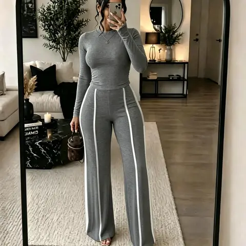 Women's Elastic Knit Set, Fall Winter New Arrival, Elegant Commuter Style, Slim-Fitting Long Sleeve Top + High Waist Patchwork Pants