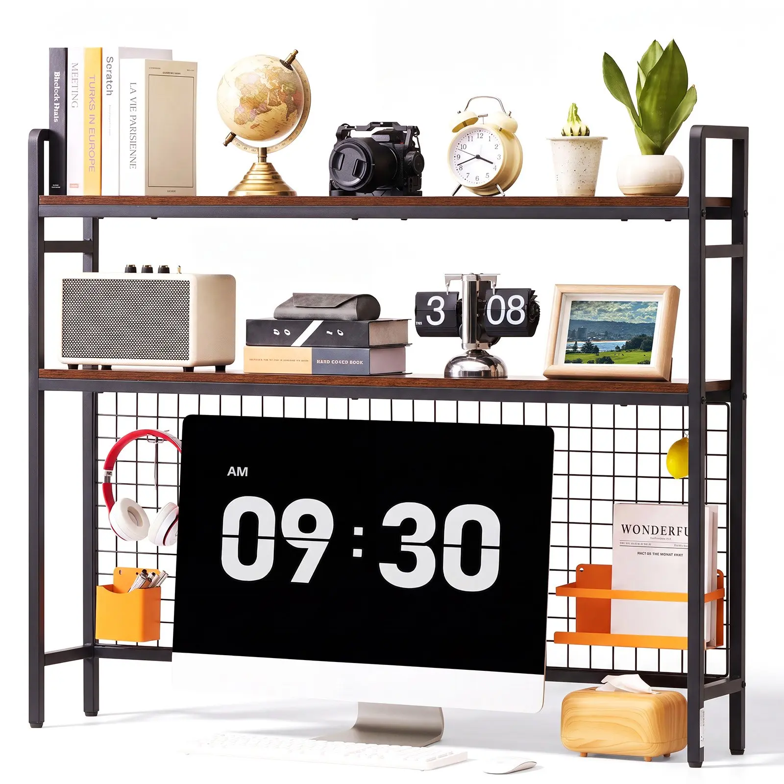 VEVOR Desktop Bookshelf 3-Tier Countertop Storage Hutch with Grid Black, for Computer Desk, Metal Frame and Wooden Shelf, with Non-Slip Feet Pads, Desk Hutch Storage Organizer for Dorm, Home, Office