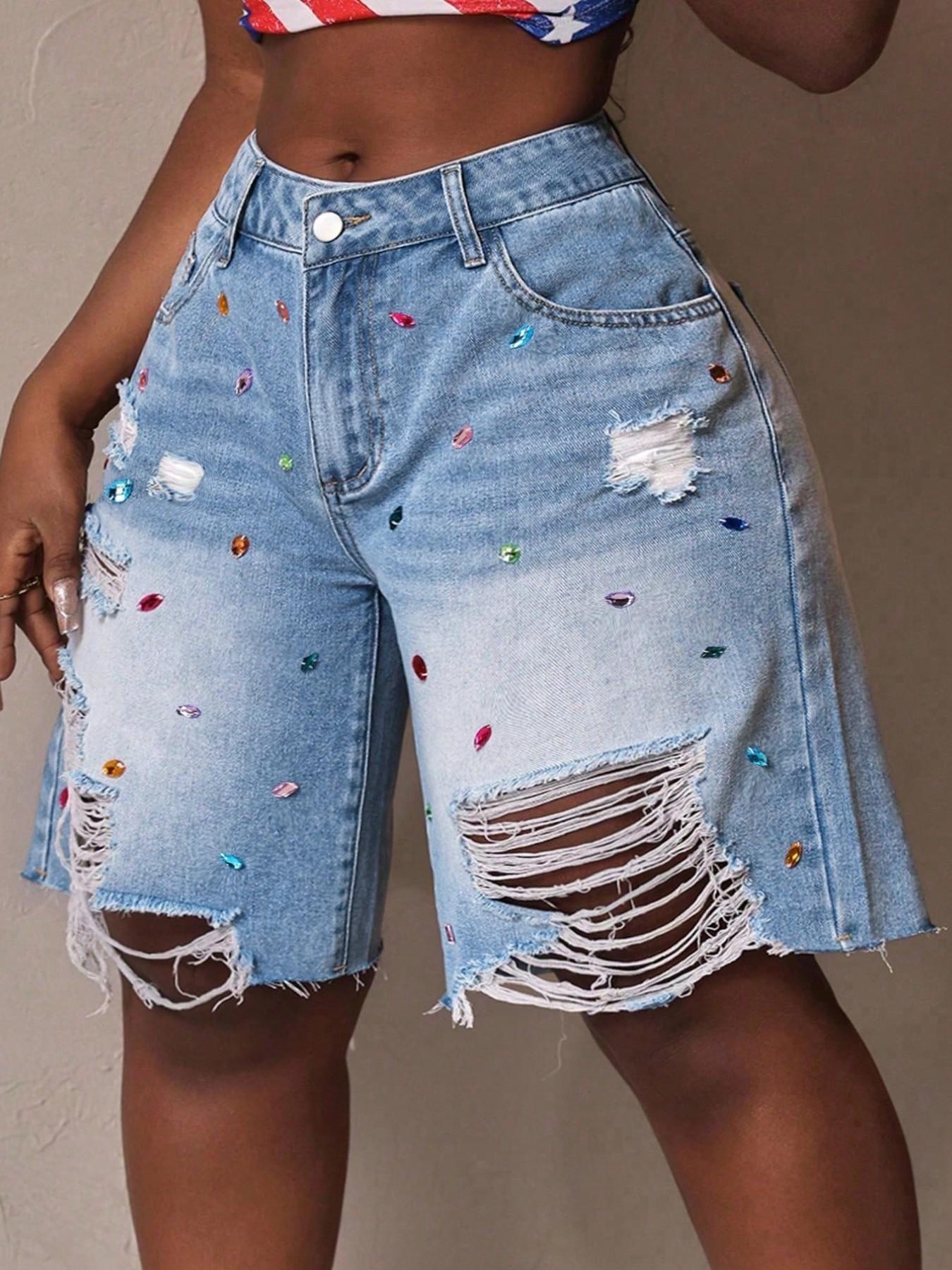 Women's Plus Size Denim Mid-Thigh Pants, Spring Summer Fashion Ripped Design, Loose-Fitting Casual Wear, Trendy New