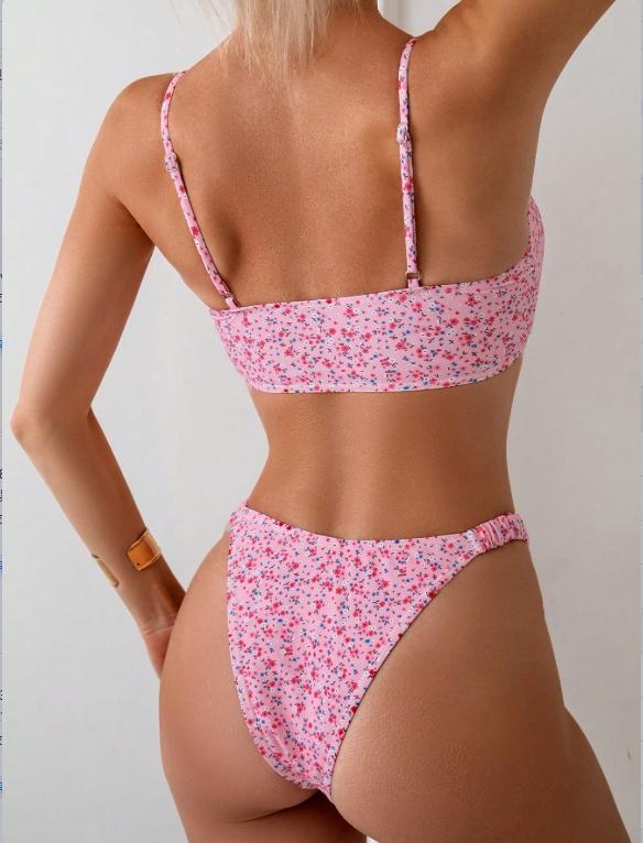 2026 Women's Tropical Floral Print Ruffled Bikini Set, Adjustable Straps, Push Up Bra, High Waist Thong, Ideal for Beach and Pool