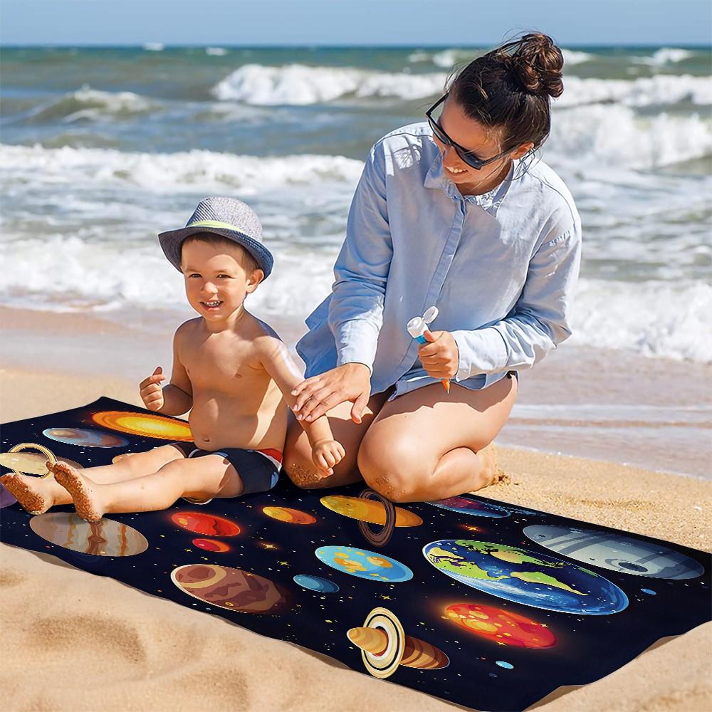 Cute Planets Graphic Beach Towel, Quick Dry Microfiber Towel with High Absorbency, Sand Proof Pool Towel for Kids Adults, Space Themed Beach Accessory
