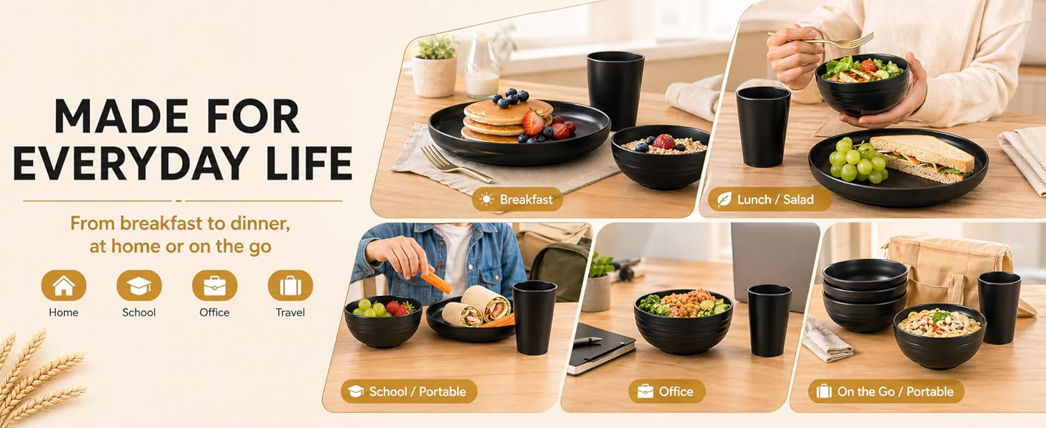 32-Piece Kitchen Plastic Wheat Straw Dinnerware Set, Service for 8, Unbreakable Modern Dish Set - Dinner Plate/Dessert Plate/Cereal Bowl/Cup, for Apartment Essentials, Outdoor Camping, Black