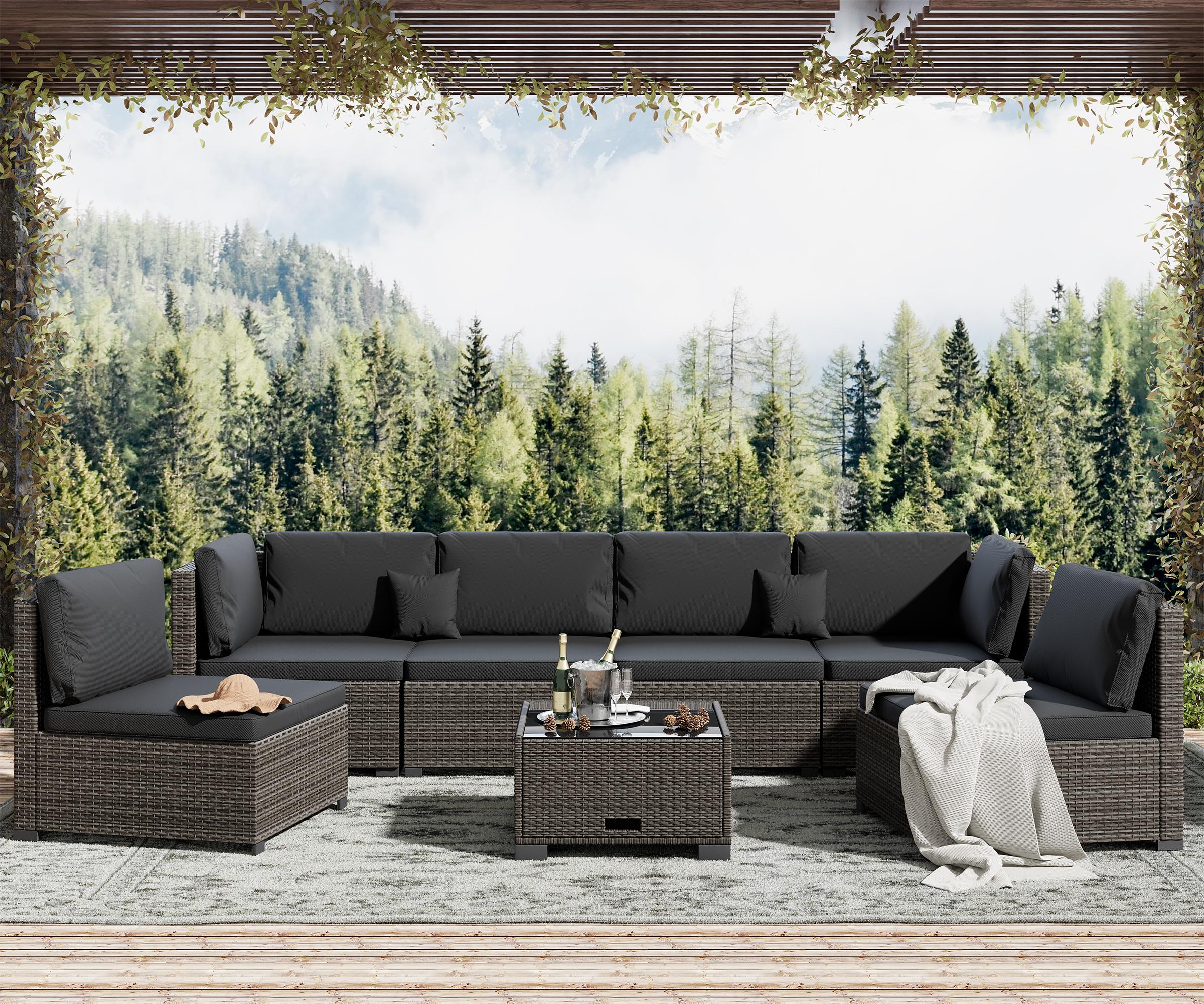 7 Piece Patio Furniture Set, Outdoor Furniture Patio Sectional Sofa, All Weather PE Rattan Outdoor Sectional with Cushion and Coffee Table. Swivel Chair Lounge
