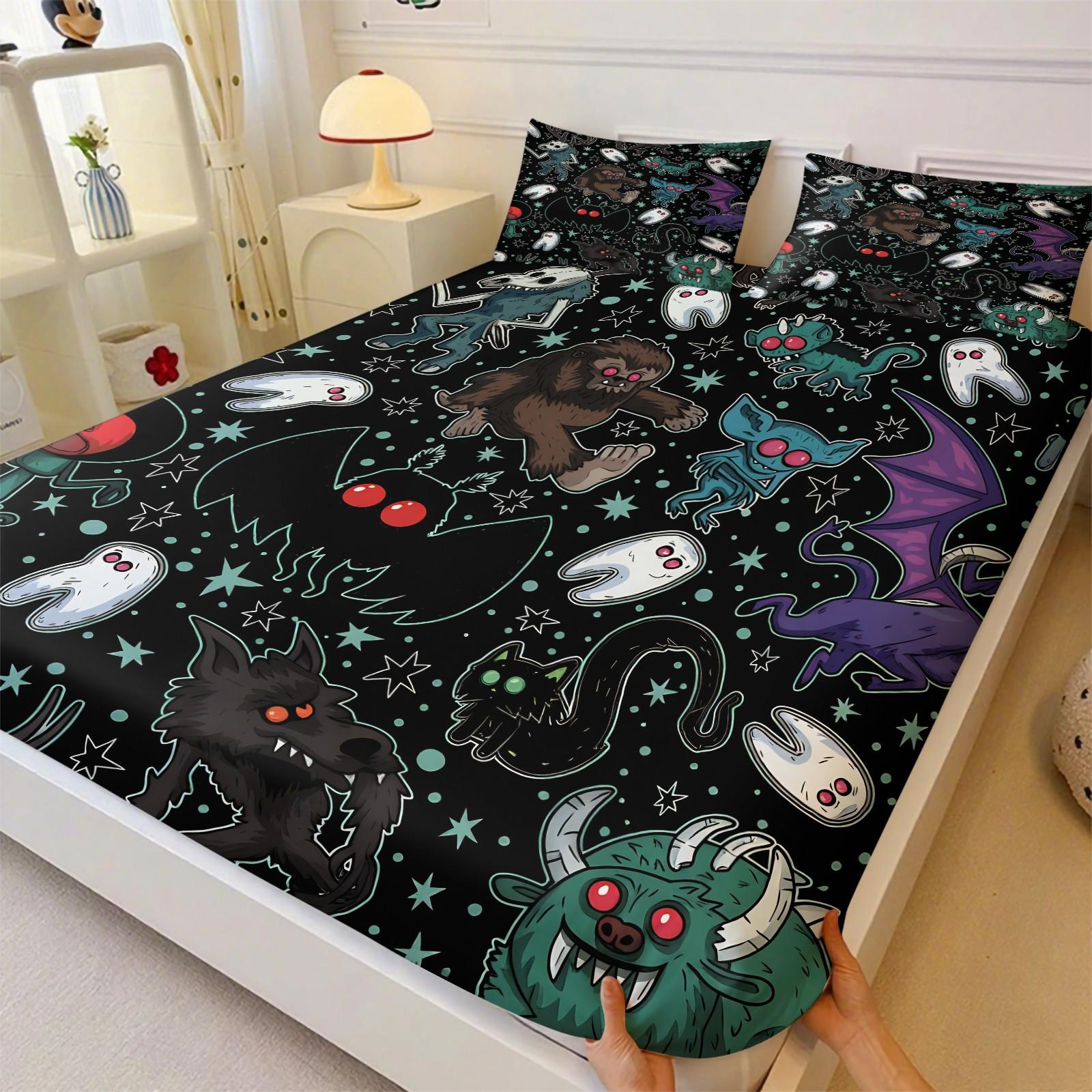 Cartoon Spooky Monster Bat Ghost Fitted Sheet Set, 1 Fitted Sheet + 2 Pillowcases, Deep Pocket Non-Slip Mattress Protector, Soft Comfy Breathable All Season Bedding, Gothic Halloween Creature Print Decorative Bedding Set For Teen Goth Bedroom Decor