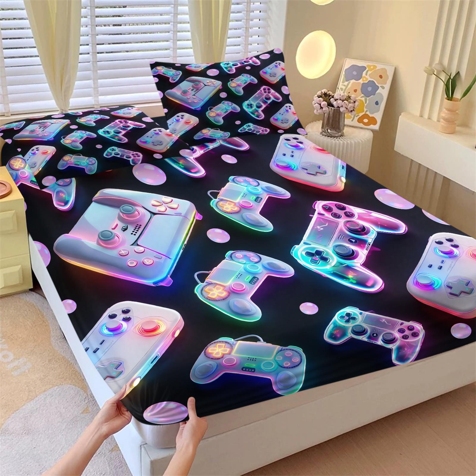 3-Piece Neon Game Controller Bed Set Fitted Sheet Set, Cyberpunk Style, Soft Skin-Friendly Fabric, Ideal for Gaming Rooms, Boys' Dorms, Comfortable & Stylish