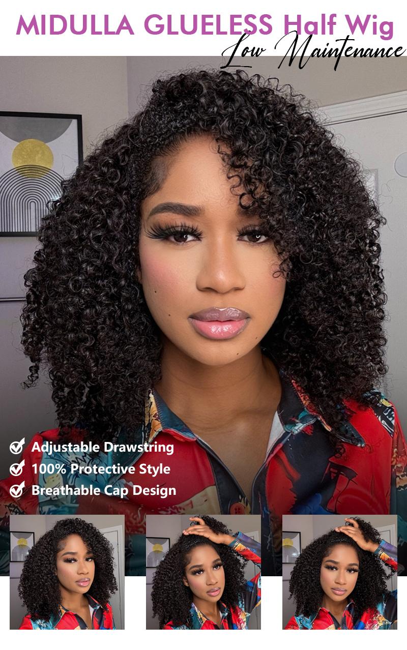 [ 3 In 1 Half Wig ] Midulla Kinky Curly Half Wigs Human Hair Wear and Go Glueless Short Curly Human Hair Wigs Upgraded Drawstring Cap for Women Beginner Friendly #FallFreshness