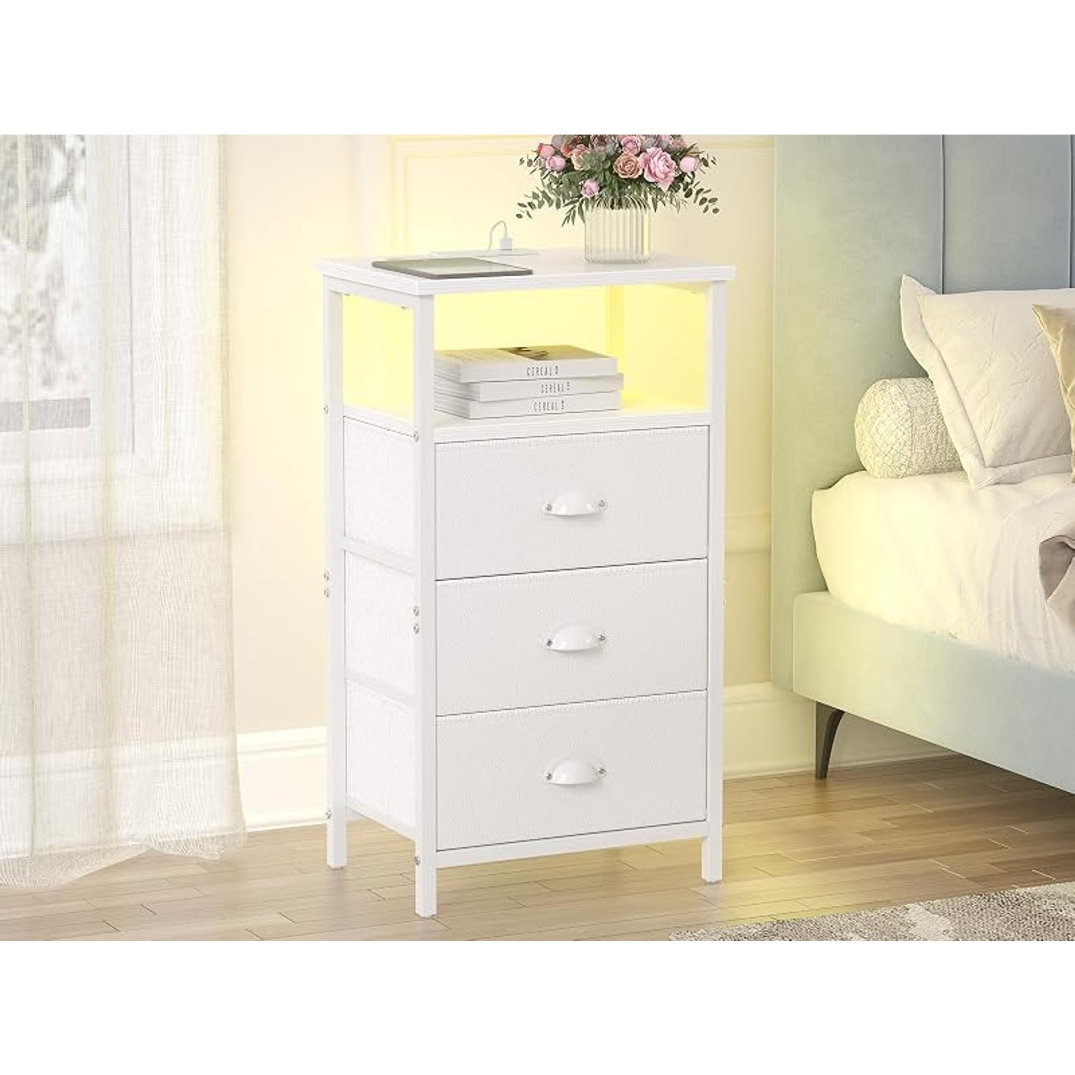 Nightstand with Charging Station,LED White Nightstand with 3 Fabric Drawers PU Finish, Bedside End Tables, 2-Tier Open Storage Shelf Side Table Nightstand with Drawers for Bedroom,White Nightstand with Charging Station,LED White Nightstand with 3 Fabric Drawers PU Finish, Bedside End Tables, 2-Tier Open Storage Shelf Side Table Nightstand with Drawers for Bedroom,White