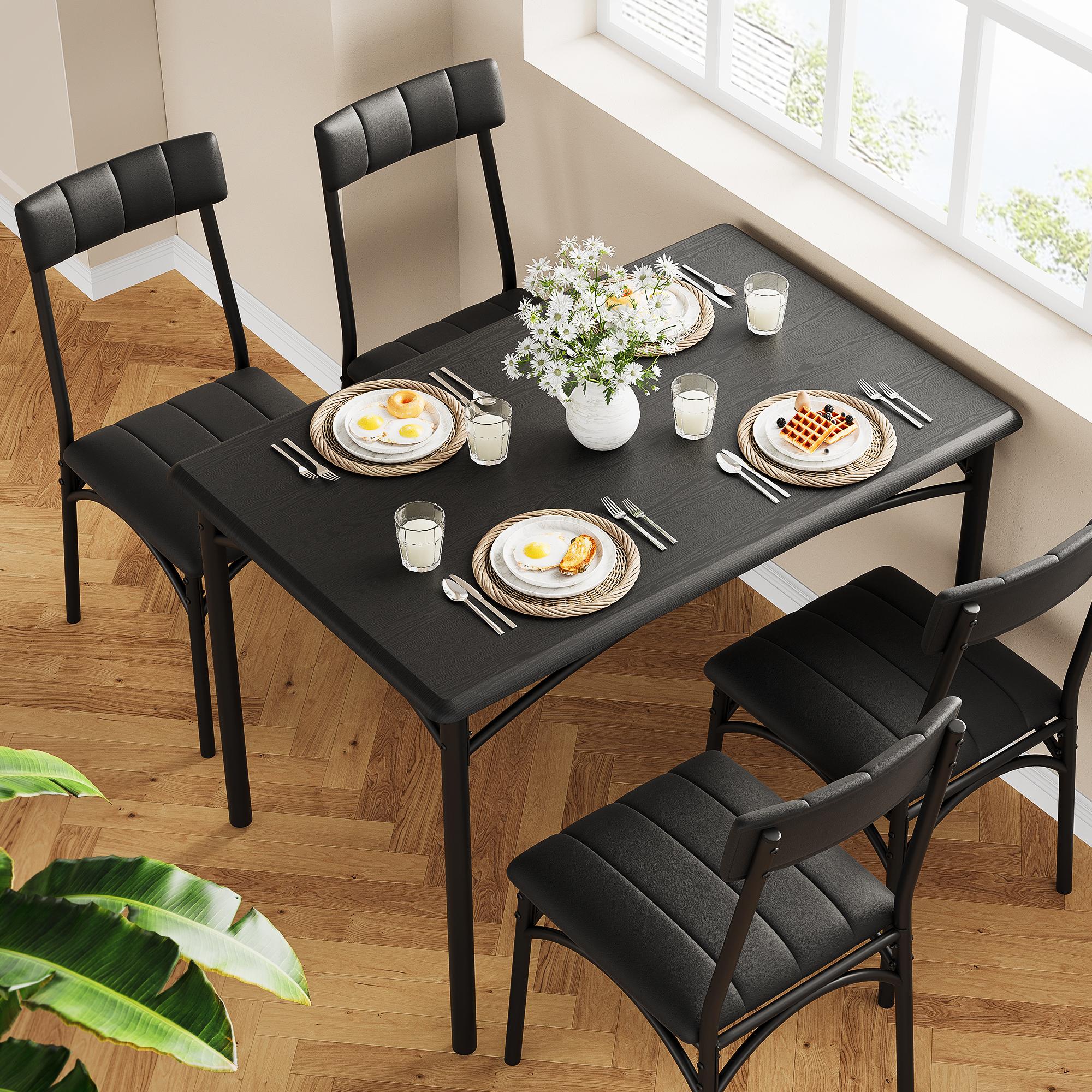Dining Table Set for 4, Kitchen Table and Chairs, Metal and Wood Rectangular Dining Room Table Set with 4 Upholstered Chairs, 5 Piece Dining Set for Small Space, Apartment, Rustic Brown,Black,Grey Furniture Modern Home