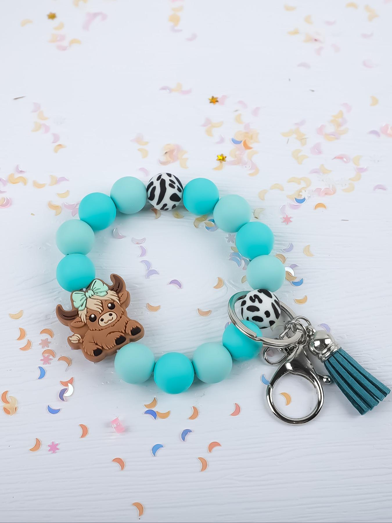 Cute Farm Style Beaded Wrist Keychain, Multiple Colors Available, Spot Pattern Beads with Bow Cow Design, Perfect Gift for Friends & Family
