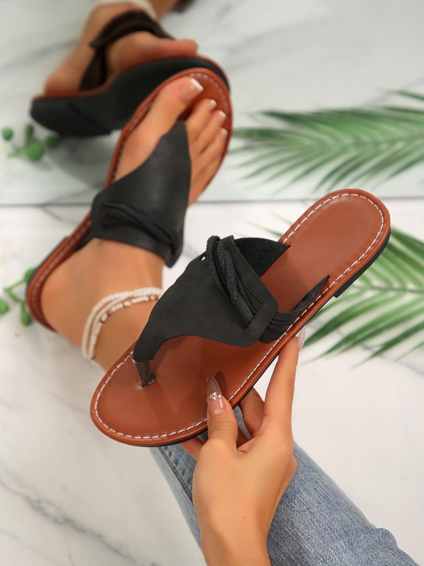 Large Size 36-44 Folded Strap Sandals, Flat Flip Flops, Multi-Color, Comfortable PU Sole, Ideal for Daily Wear, Beach, Shopping