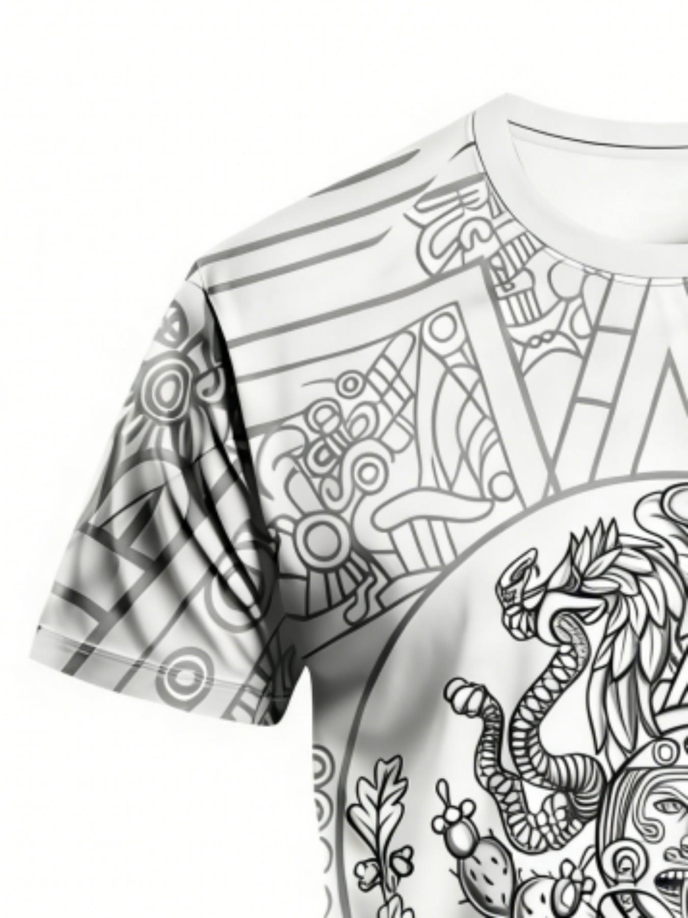 Men's Aztec Calendar Eagle Print T-Shirt, Mexican Indigenous Full-Print Street Style Round Neck Short Sleeve Top, All Seasons Loose Fit