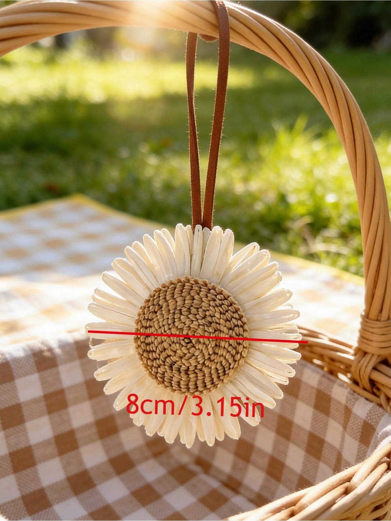Summer bohemian resort style bag accessories, braided rattan sunflower flower designer pendant. Comes with a genuine leather strap, bohemian beach style accessory for tote bags, wallets, backpacks and keychains, elegant summer decorative pendant.